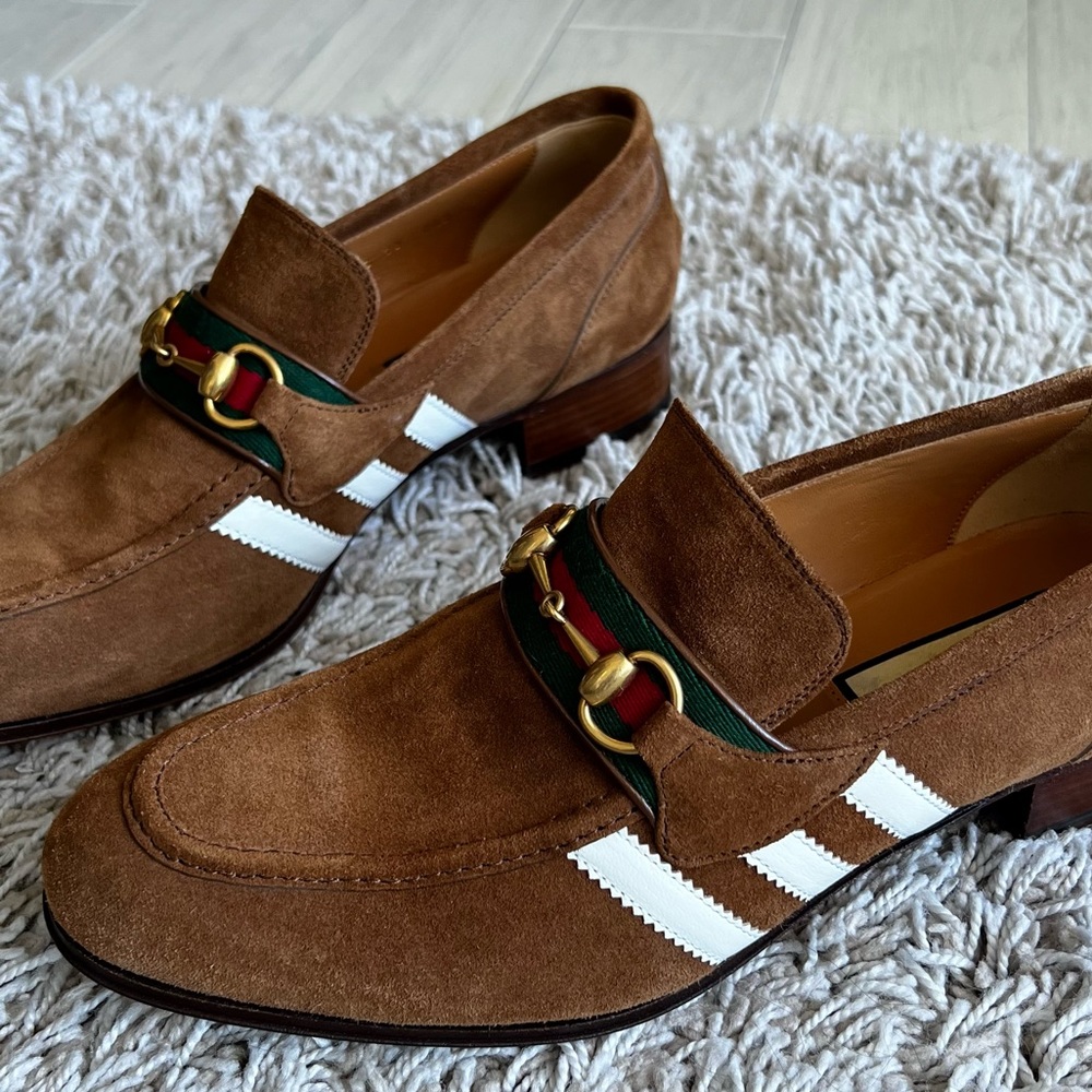 AUTHENTIC men’s adidas x Gucci 30 mm loafers moccasin suede brown